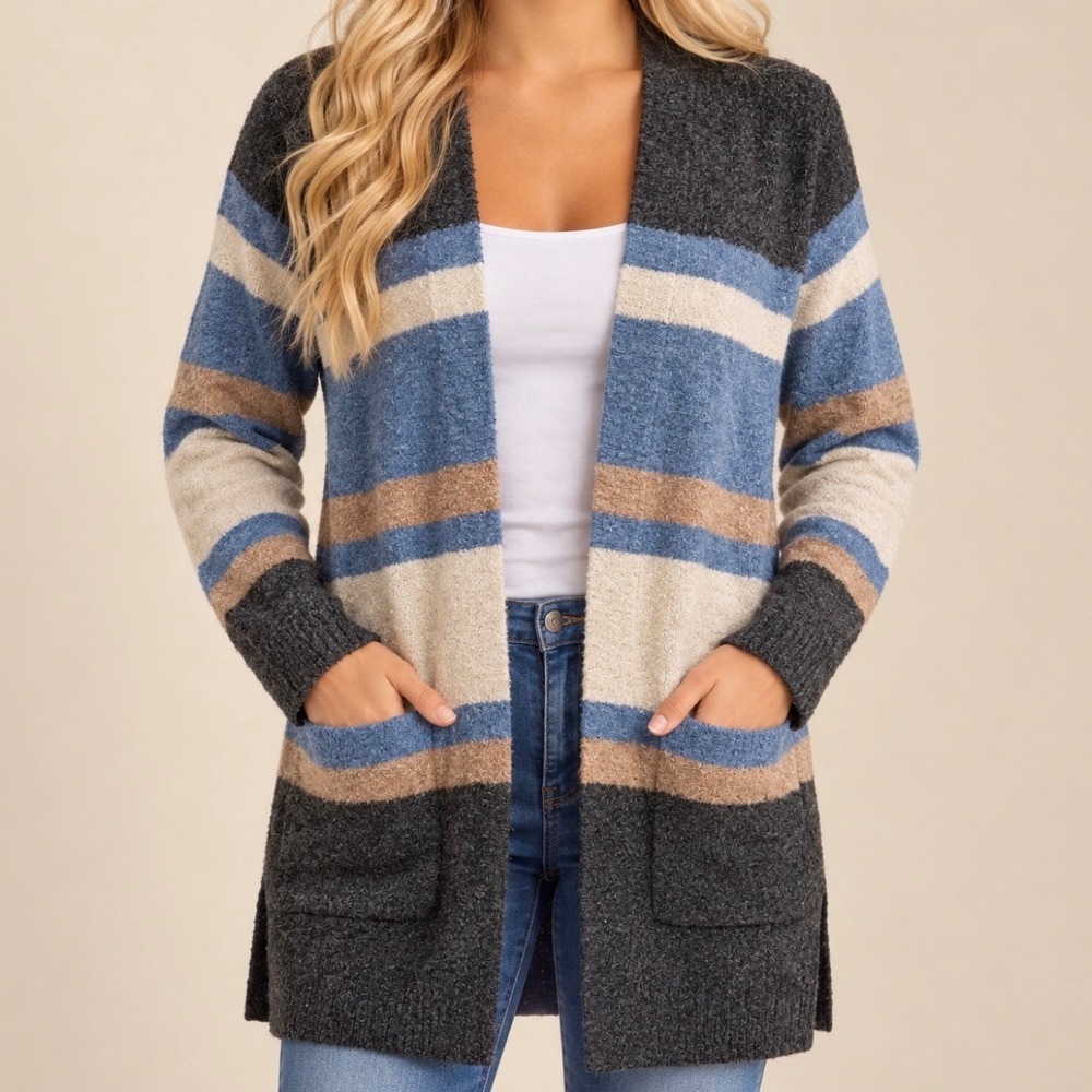 Old Navy Cardigan Sweater L Blue Grey Striped Good Open Front Pockets